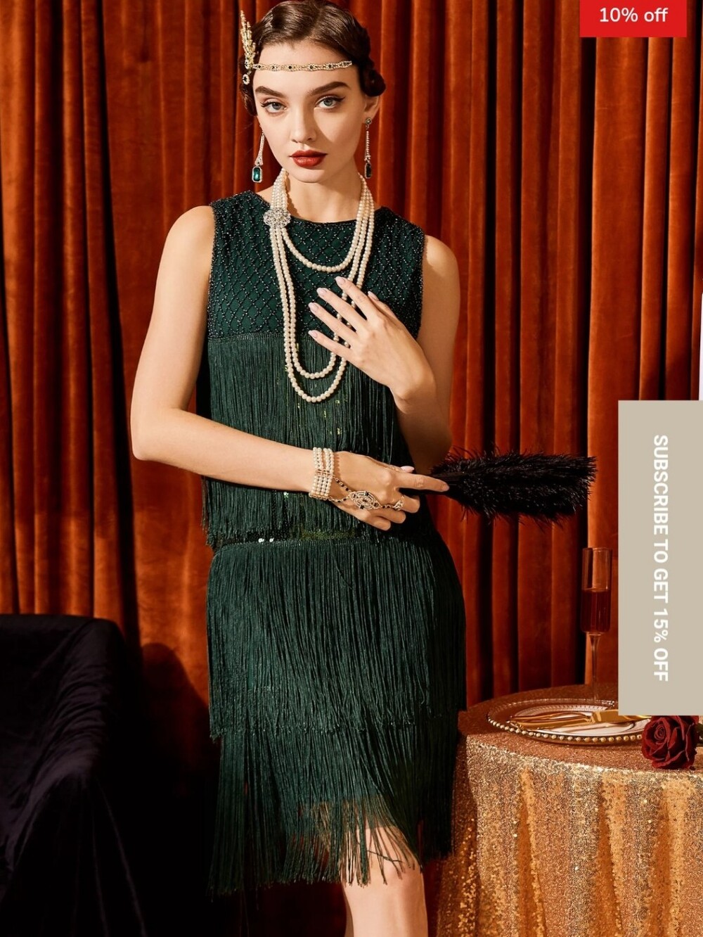 BABEYOND 1920s Women's Green Flapper Dress Art Deco Beaded Fringe Cocktail XL